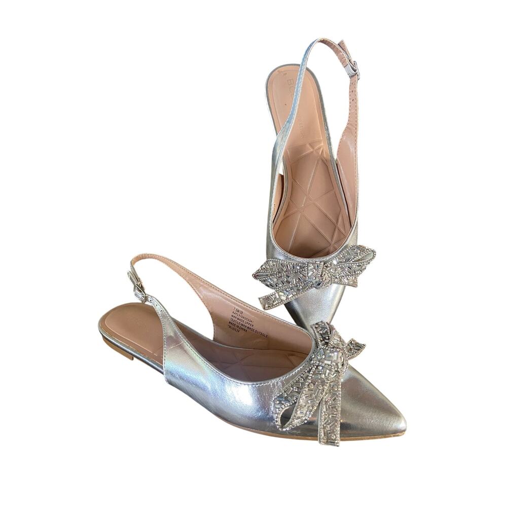 BCBG Generation Katly silver flat slingback shoes with Crystal bow